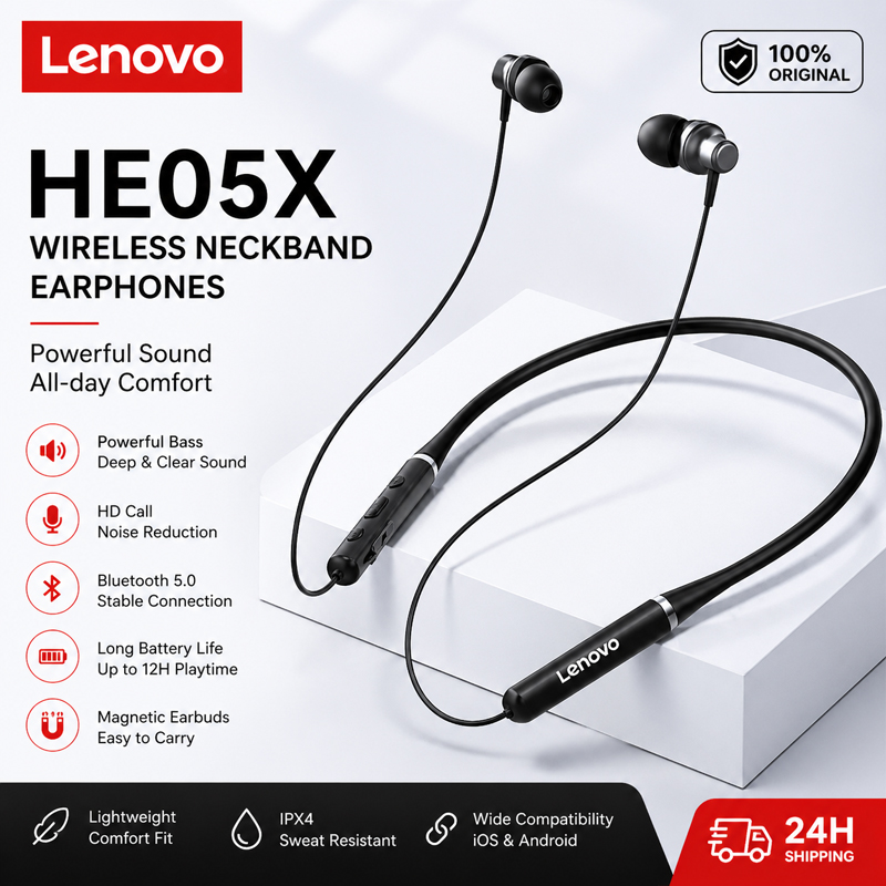 Magnetic Neckband Sports Earphones - Écouteurs Bluetooth 100% originaux Lenovo HE05X,